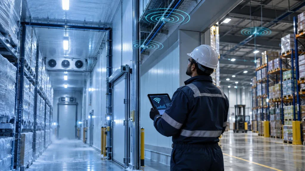 Radiating cable connectivity across cold-store and dry-store warehouse facilities