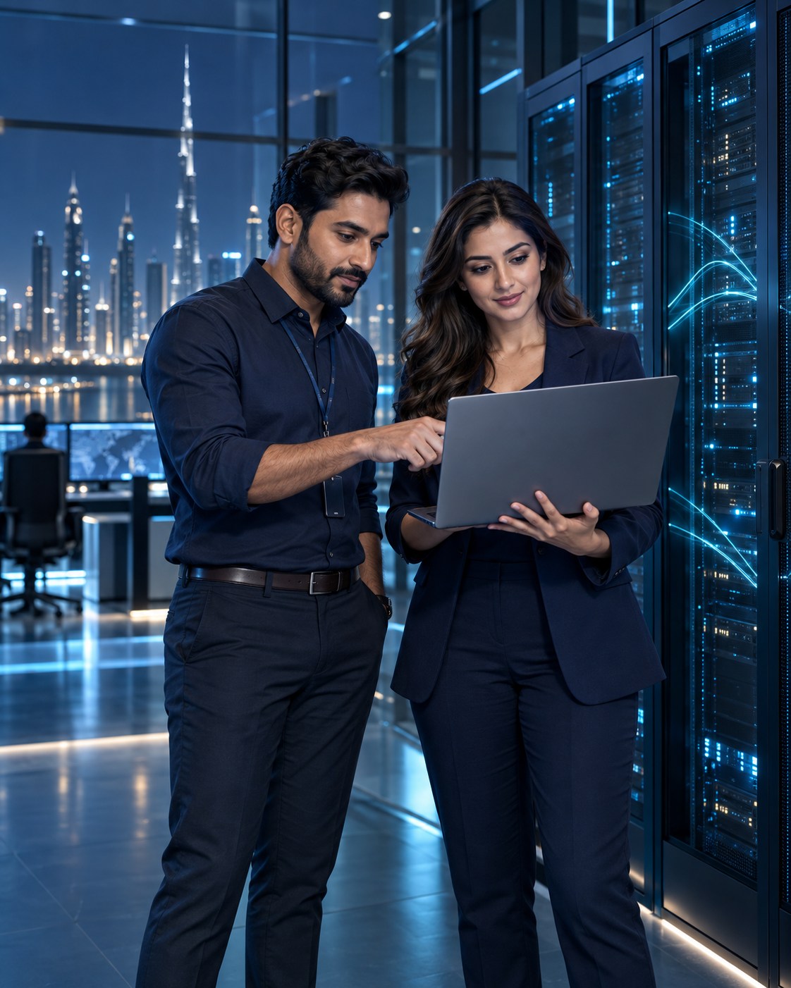 AI-generated illustration of IT professionals collaborating in a modern network operations centre